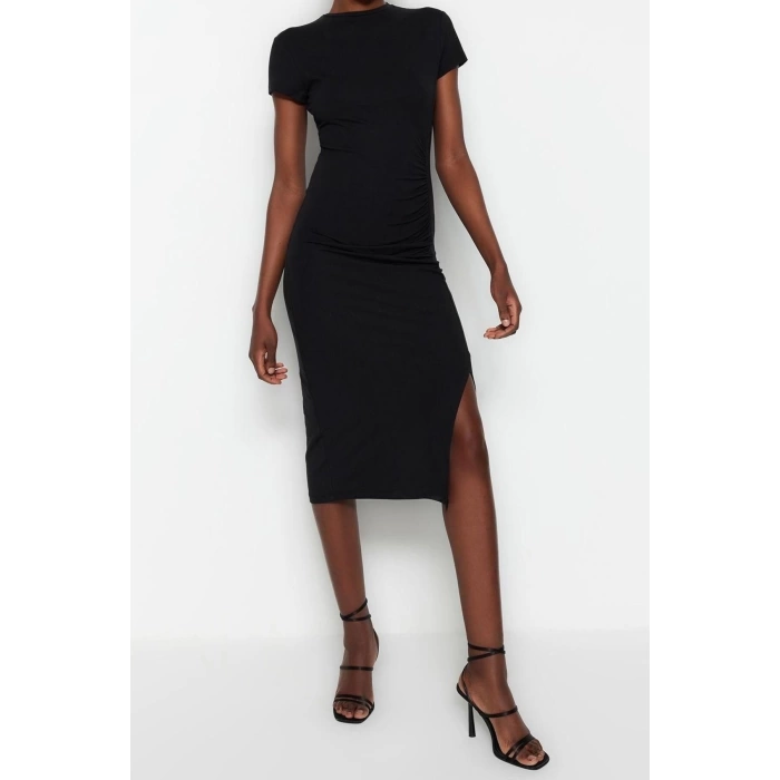 Moda Slim Day Night Lycra Jersey Knitted Crew Neck Short Sleeve Bodycon Midi Length Dress
