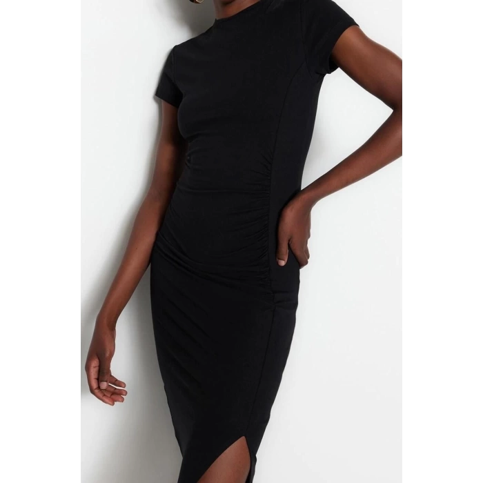 Moda Slim Day Night Lycra Jersey Knitted Crew Neck Short Sleeve Bodycon Midi Length Dress