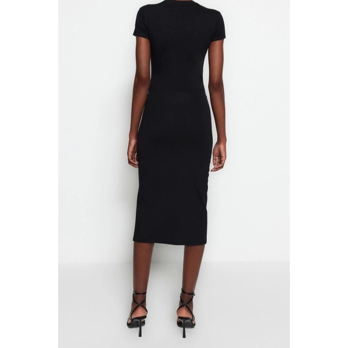 Moda Slim Day Night Lycra Jersey Knitted Crew Neck Short Sleeve Bodycon Midi Length Dress