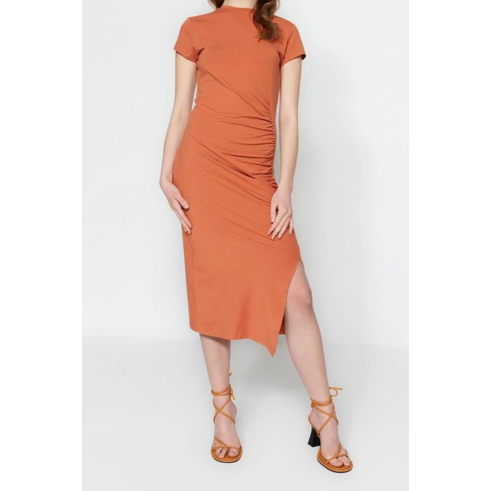 Moda Slim Day Night Lycra Jersey Knitted Crew Neck Short Sleeve Bodycon Midi Length Dress