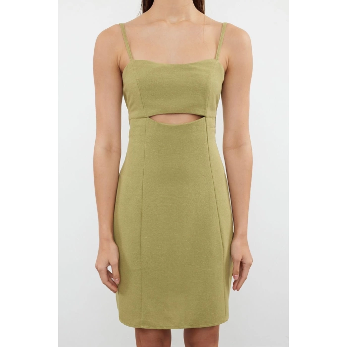 Moda Regular Day Night Linen Look Woven Heart Neck Strappy Sleeve Bodycone Mini Length Dress