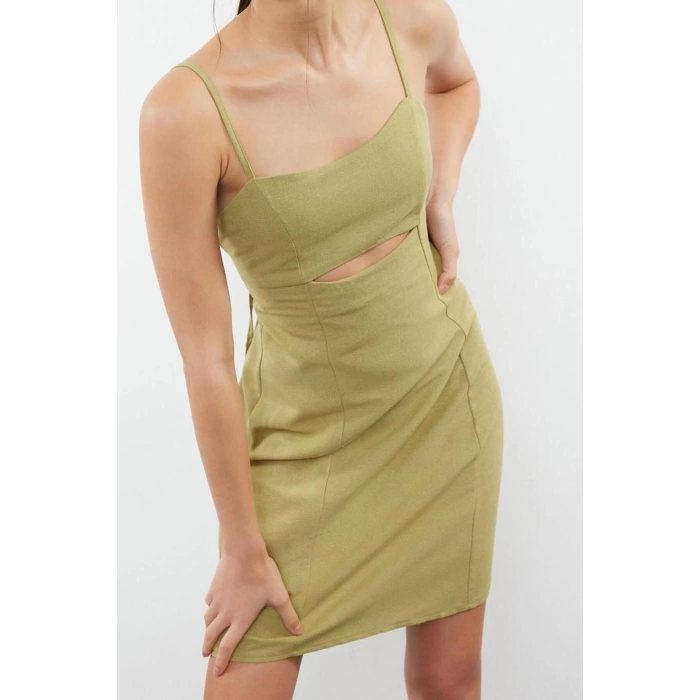 Moda Regular Day Night Linen Look Woven Heart Neck Strappy Sleeve Bodycone Mini Length Dress