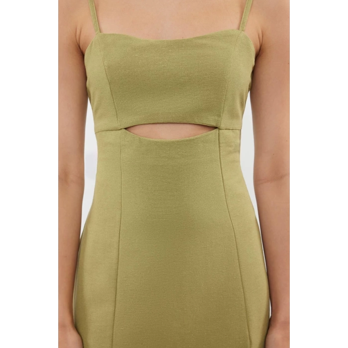 Moda Regular Day Night Linen Look Woven Heart Neck Strappy Sleeve Bodycone Mini Length Dress