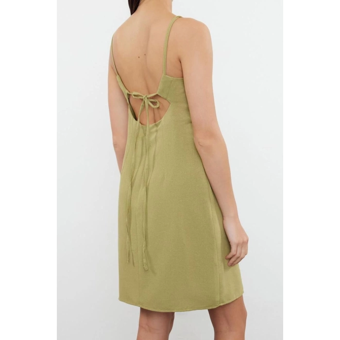 Moda Regular Day Night Linen Look Woven Heart Neck Strappy Sleeve Bodycone Mini Length Dress