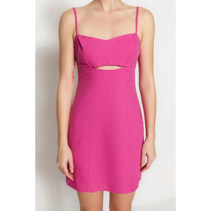 Moda Regular Day Night Linen Look Woven Heart Neck Strappy Sleeve Bodycone Mini Length Dress