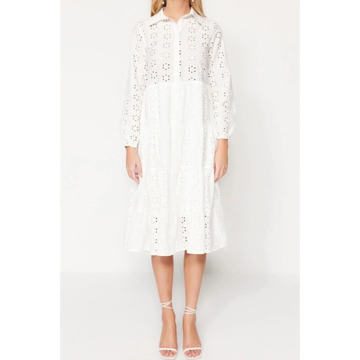 Fashion Regular Casual Daily Embroidered Woven Shirt Collar Long Sleeve Shirt Dress Midi Length Dress