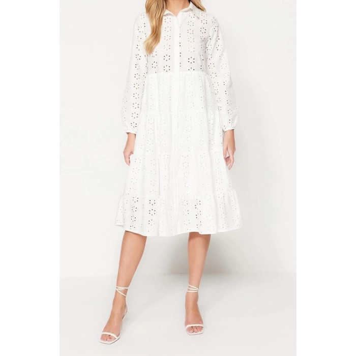 Fashion Regular Casual Daily Embroidered Woven Shirt Collar Long Sleeve Shirt Dress Midi Length Dress