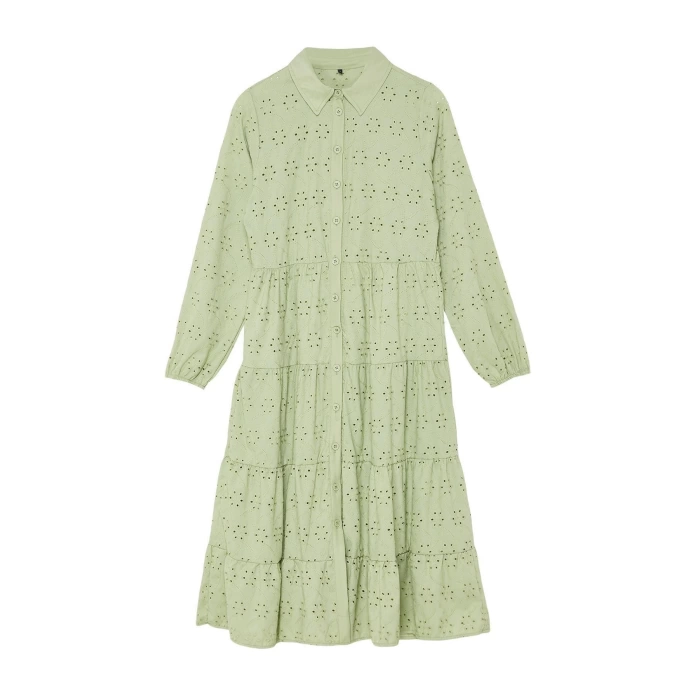 Fashion Regular Casual Daily Embroidered Woven Shirt Collar Long Sleeve Shirt Dress Midi Length Dress