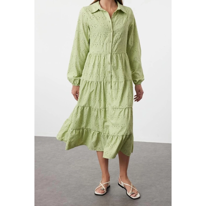 Fashion Regular Casual Daily Embroidered Woven Shirt Collar Long Sleeve Shirt Dress Midi Length Dress