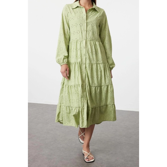 Fashion Regular Casual Daily Embroidered Woven Shirt Collar Long Sleeve Shirt Dress Midi Length Dress