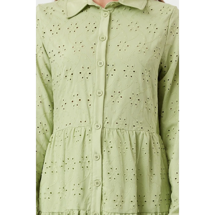 Fashion Regular Casual Daily Embroidered Woven Shirt Collar Long Sleeve Shirt Dress Midi Length Dress