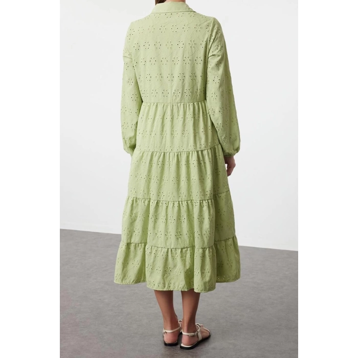 Fashion Regular Casual Daily Embroidered Woven Shirt Collar Long Sleeve Shirt Dress Midi Length Dress