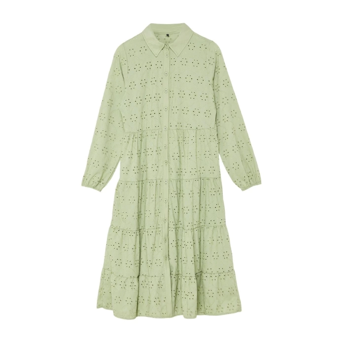 Fashion Regular Casual Daily Embroidered Woven Shirt Collar Long Sleeve Shirt Dress Midi Length Dress