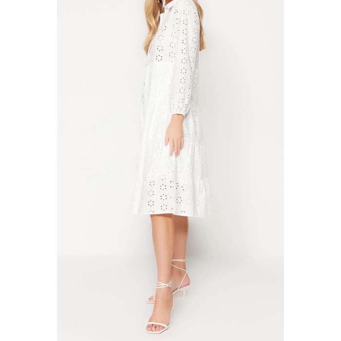 Fashion Regular Casual Daily Embroidered Woven Shirt Collar Long Sleeve Shirt Dress Midi Length Dress