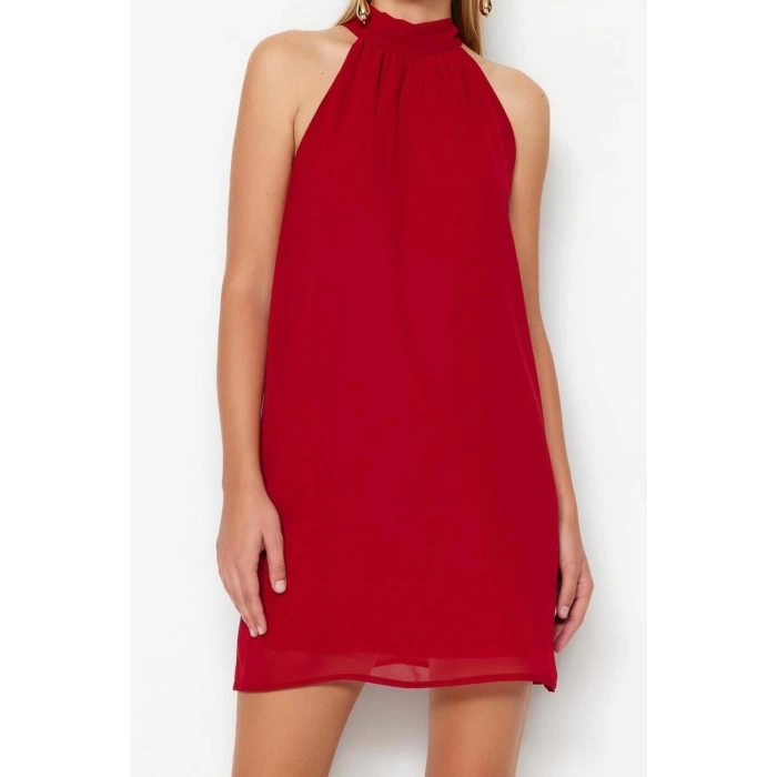 Fashion Regular Day Night Chiffon Woven Halter Neck Sleeveless Shift Mini Length Dress
