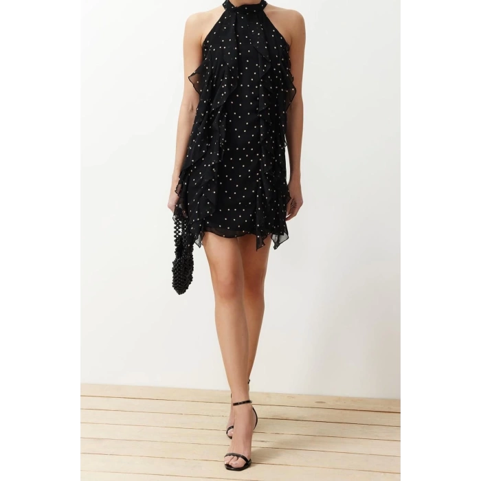 Fashion Regular Day Night Chiffon Woven Halter Neck Sleeveless Shift Mini Length Dress