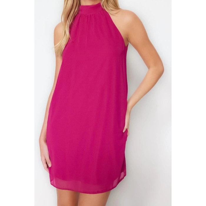 Fashion Regular Day Night Chiffon Woven Halter Neck Sleeveless Shift Mini Length Dress