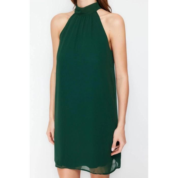 Fashion Regular Day Night Chiffon Woven Halter Neck Sleeveless Shift Mini Length Dress