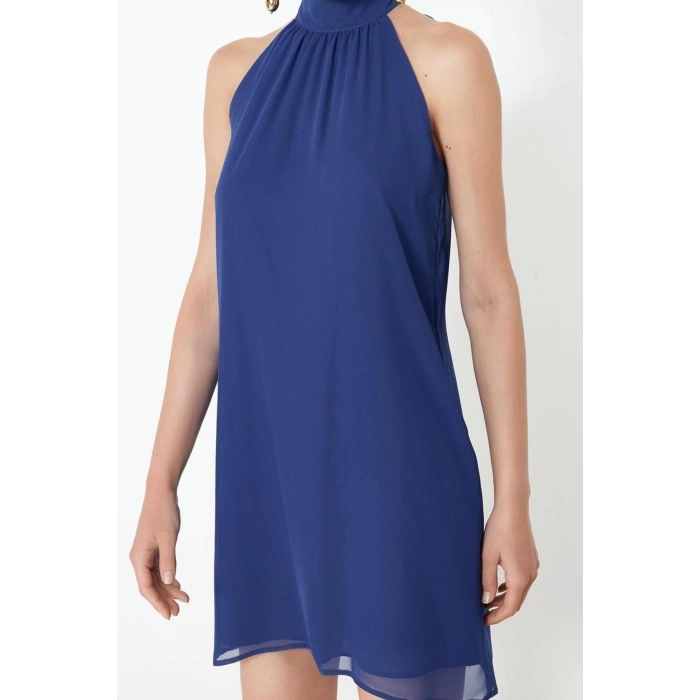 Fashion Regular Day Night Chiffon Woven Halter Neck Sleeveless Shift Mini Length Dress