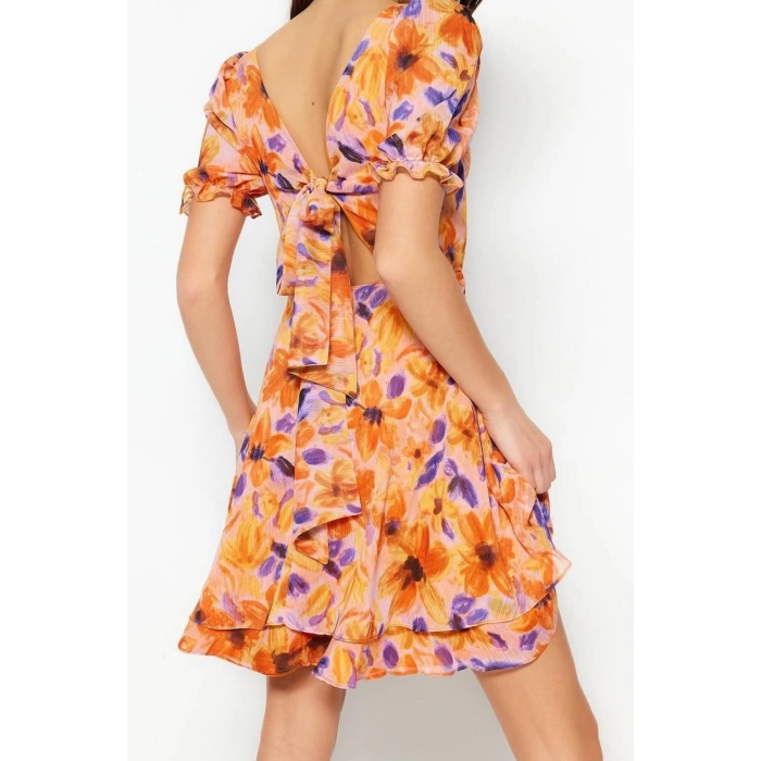 Fashion Regular Day Night Chiffon Woven Square Neck Short Sleeve Skater Mini Length Dress