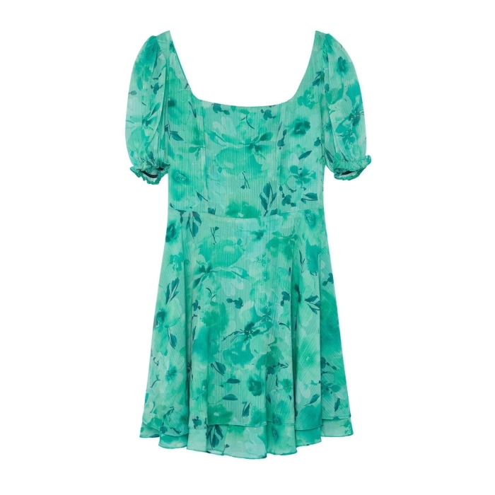 Fashion Regular Day Night Chiffon Woven Square Neck Short Sleeve Skater Mini Length Dress