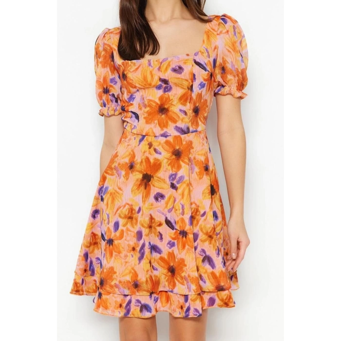 Fashion Regular Day Night Chiffon Woven Square Neck Short Sleeve Skater Mini Length Dress
