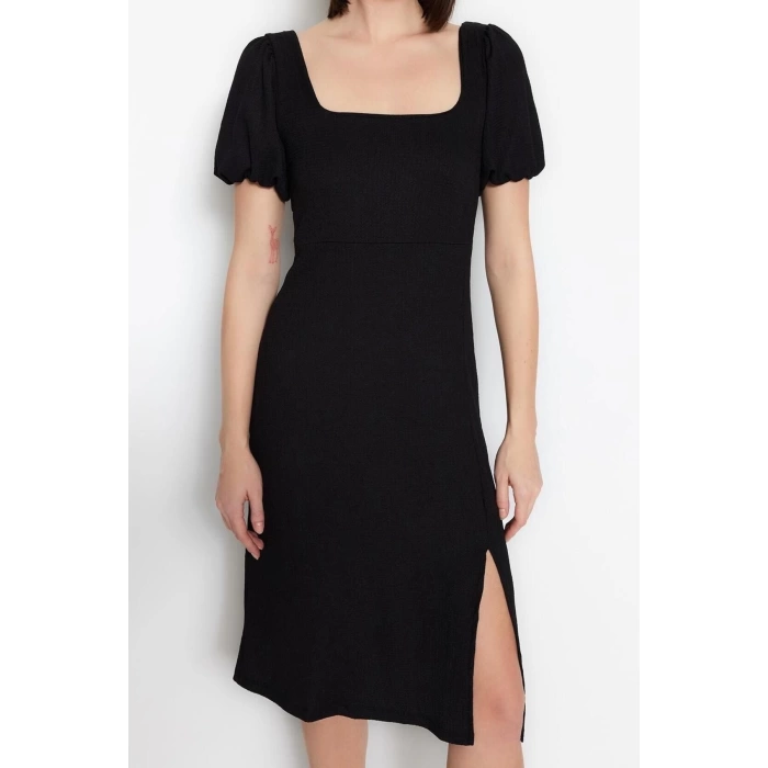 Fashion Regular Casual Daily Crepe Knitted Square Neck Short Sleeve A-Line Midi Length Dress