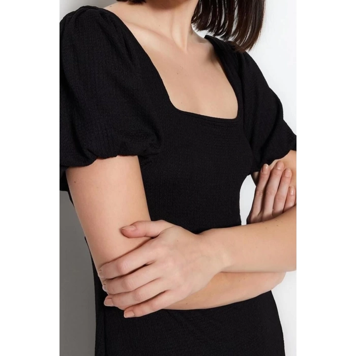 Fashion Regular Casual Daily Crepe Knitted Square Neck Short Sleeve A-Line Midi Length Dress