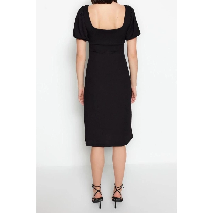 Fashion Regular Casual Daily Crepe Knitted Square Neck Short Sleeve A-Line Midi Length Dress