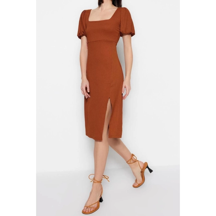 Fashion Regular Casual Daily Crepe Knitted Square Neck Short Sleeve A-Line Midi Length Dress