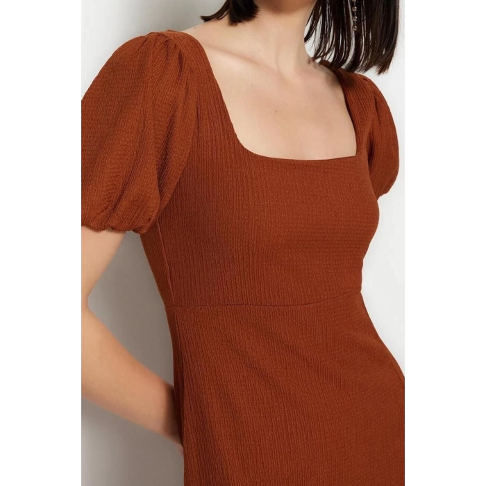 Fashion Regular Casual Daily Crepe Knitted Square Neck Short Sleeve A-Line Midi Length Dress