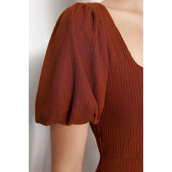 Fashion Regular Casual Daily Crepe Knitted Square Neck Short Sleeve A-Line Midi Length Dress