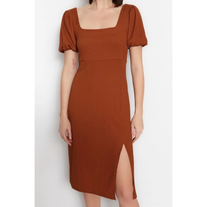 Fashion Regular Casual Daily Crepe Knitted Square Neck Short Sleeve A-Line Midi Length Dress