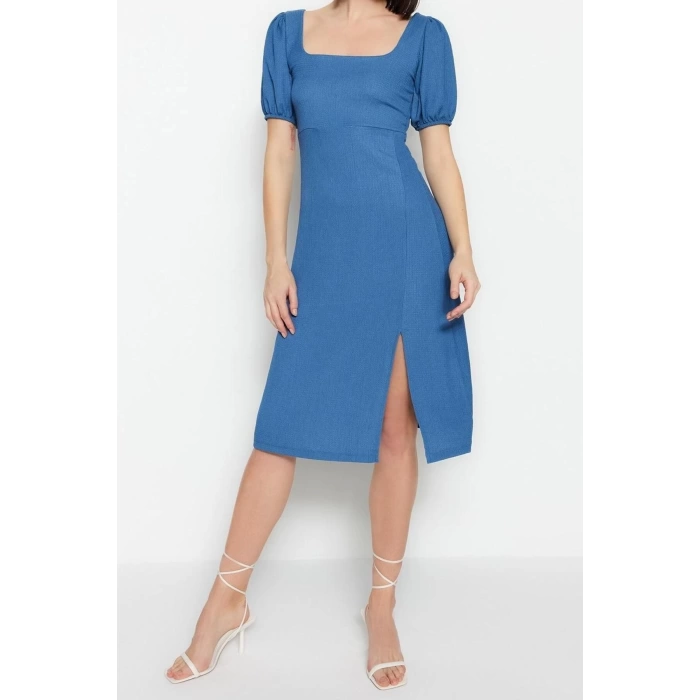 Fashion Regular Casual Daily Crepe Knitted Square Neck Short Sleeve A-Line Midi Length Dress