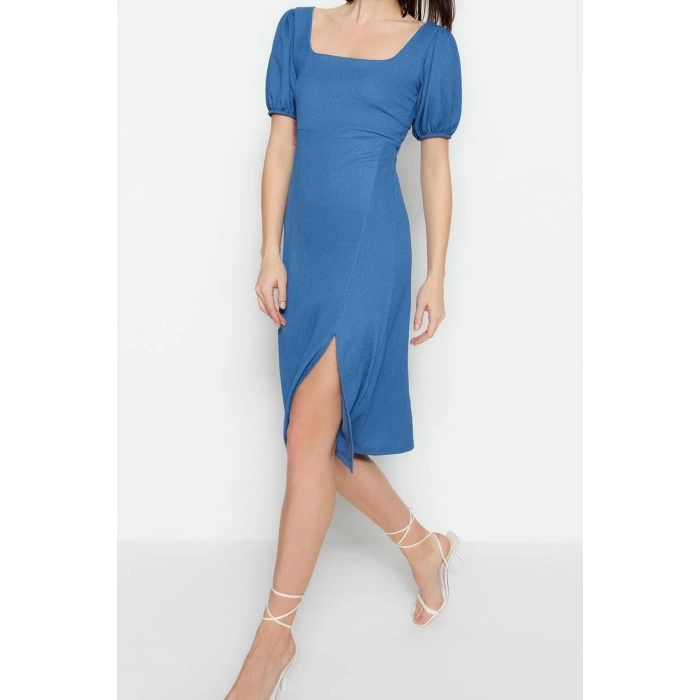 Fashion Regular Casual Daily Crepe Knitted Square Neck Short Sleeve A-Line Midi Length Dress