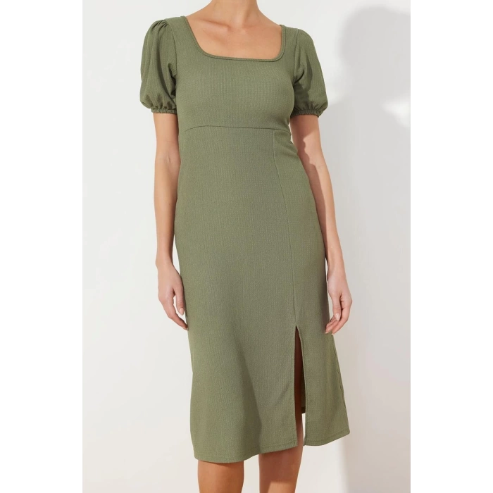 Fashion Regular Casual Daily Crepe Knitted Square Neck Short Sleeve A-Line Midi Length Dress