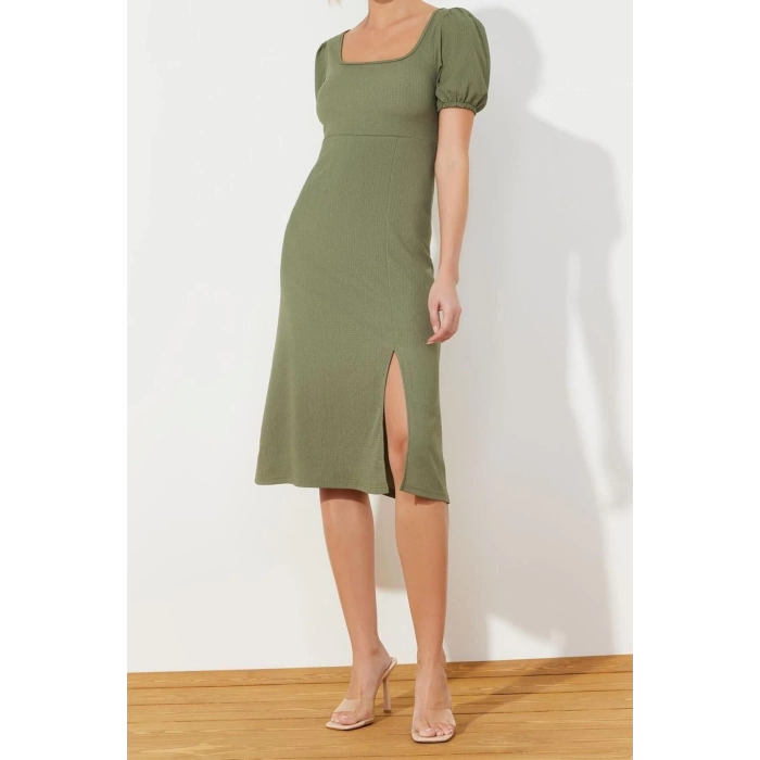 Fashion Regular Casual Daily Crepe Knitted Square Neck Short Sleeve A-Line Midi Length Dress