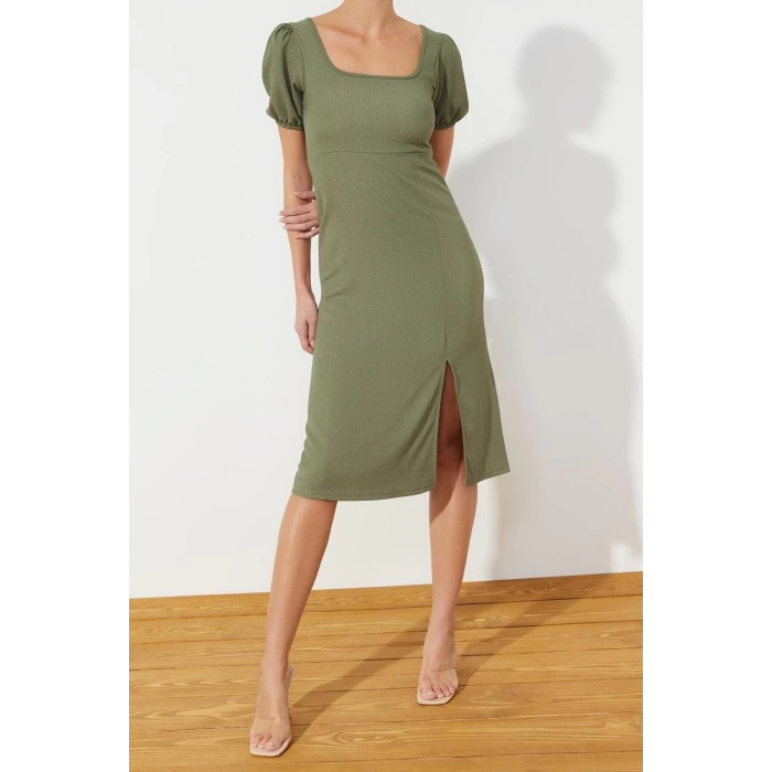 Fashion Regular Casual Daily Crepe Knitted Square Neck Short Sleeve A-Line Midi Length Dress
