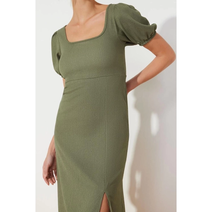Fashion Regular Casual Daily Crepe Knitted Square Neck Short Sleeve A-Line Midi Length Dress