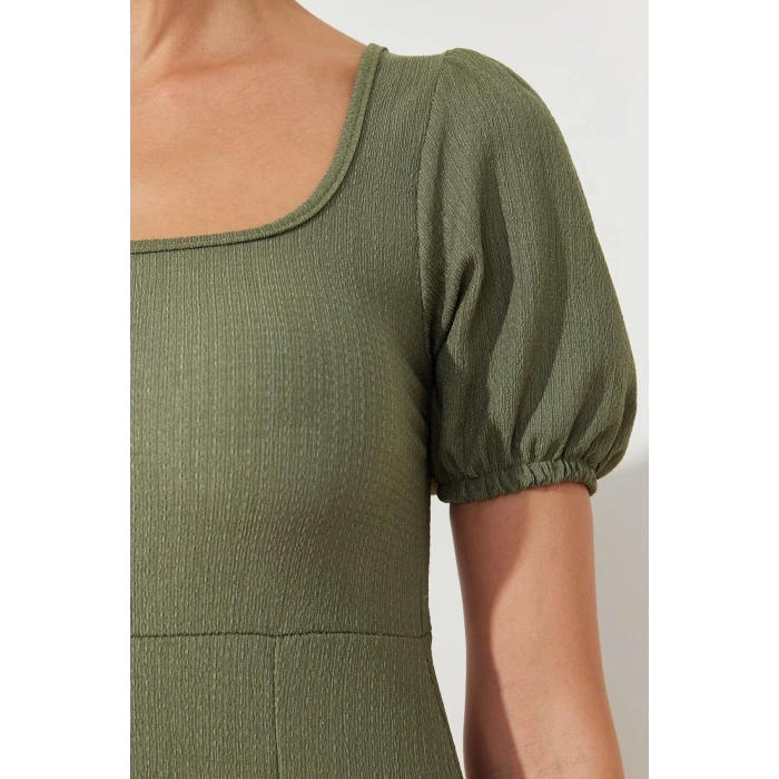 Fashion Regular Casual Daily Crepe Knitted Square Neck Short Sleeve A-Line Midi Length Dress