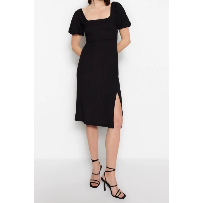 Fashion Regular Casual Daily Crepe Knitted Square Neck Short Sleeve A-Line Midi Length Dress