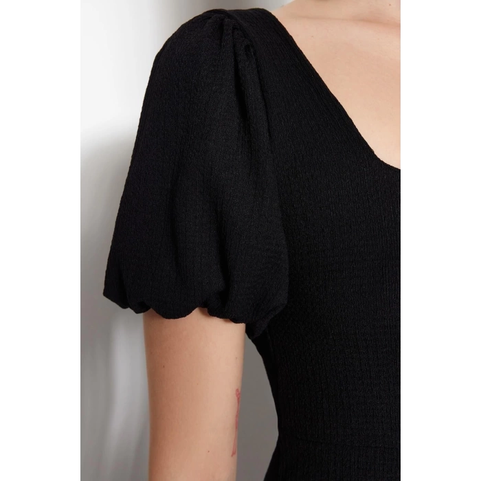 Fashion Regular Casual Daily Crepe Knitted Square Neck Short Sleeve A-Line Midi Length Dress