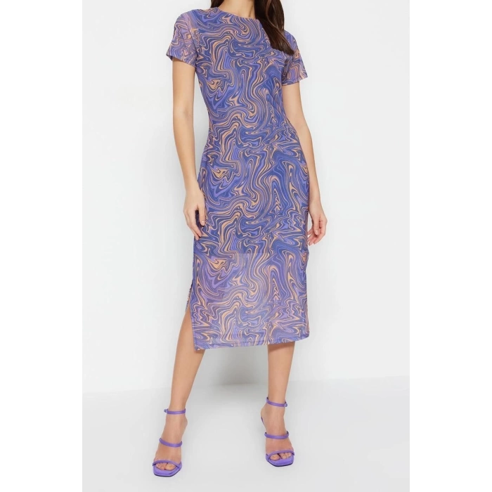 Fashion Slim Day Night Tulle Knitted Crew Neck Short Sleeve Bodycone Midi Length Dress