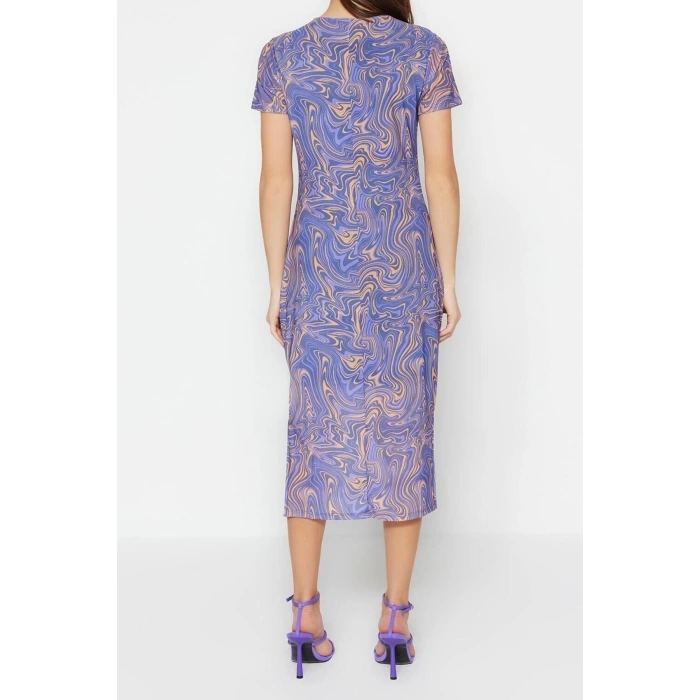 Fashion Slim Day Night Tulle Knitted Crew Neck Short Sleeve Bodycone Midi Length Dress