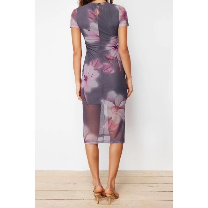Fashion Slim Day Night Tulle Knitted Crew Neck Short Sleeve Bodycone Midi Length Dress
