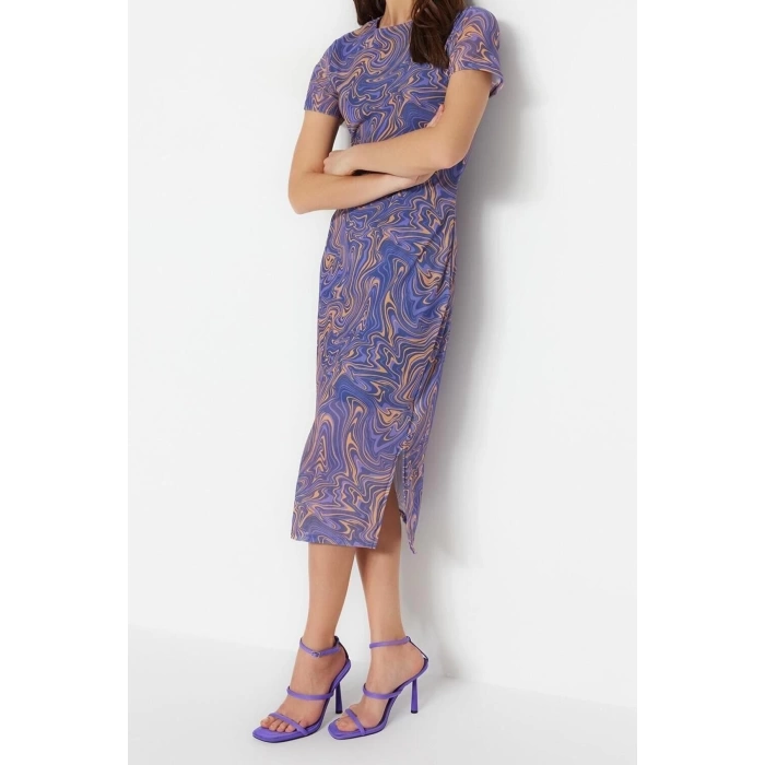Fashion Slim Day Night Tulle Knitted Crew Neck Short Sleeve Bodycone Midi Length Dress