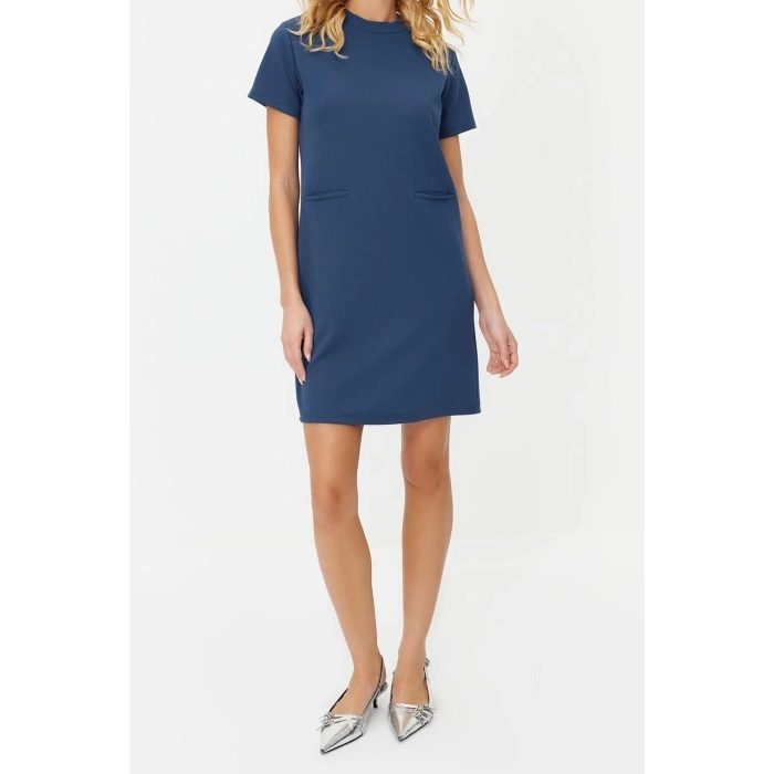 Fashion Comfortable Casual Daily Scuba Crepe Knit Stand Collar Short Sleeve Shift Mini Length Dress