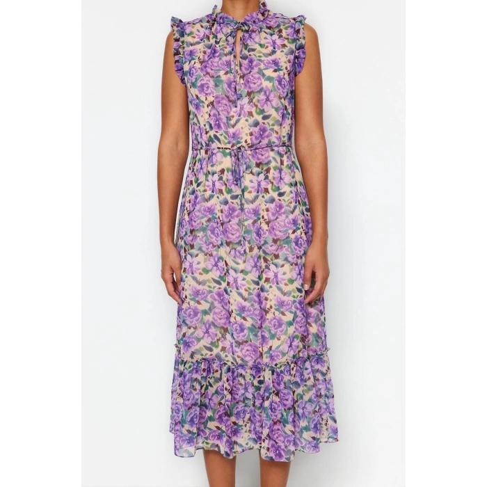 Fashion Regular Day Night Chiffon Woven Stand Collar Sleeveless Shift Midi Length Dress