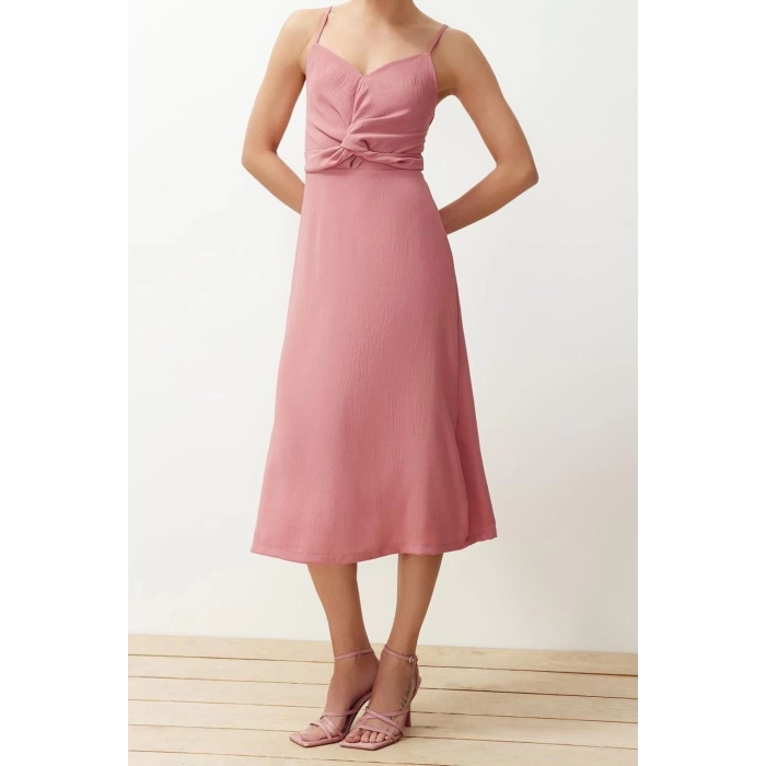 Fashion Regular Casual Daily Aerobin Woven V Neck Strappy Sleeve A-Line Midi Length Dress