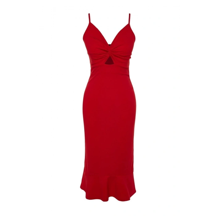 Fashion Slim Day Night Scuba Crepe Knit V Neck Strappy Sleeve Frilled Midi Length Dress